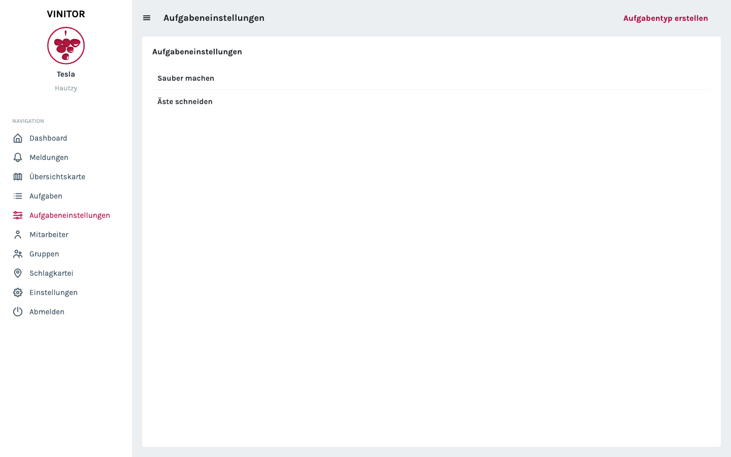 Aufgabeneinstellungen — Liste der Aufgabentypen Sauber machen und Äste schneiden.