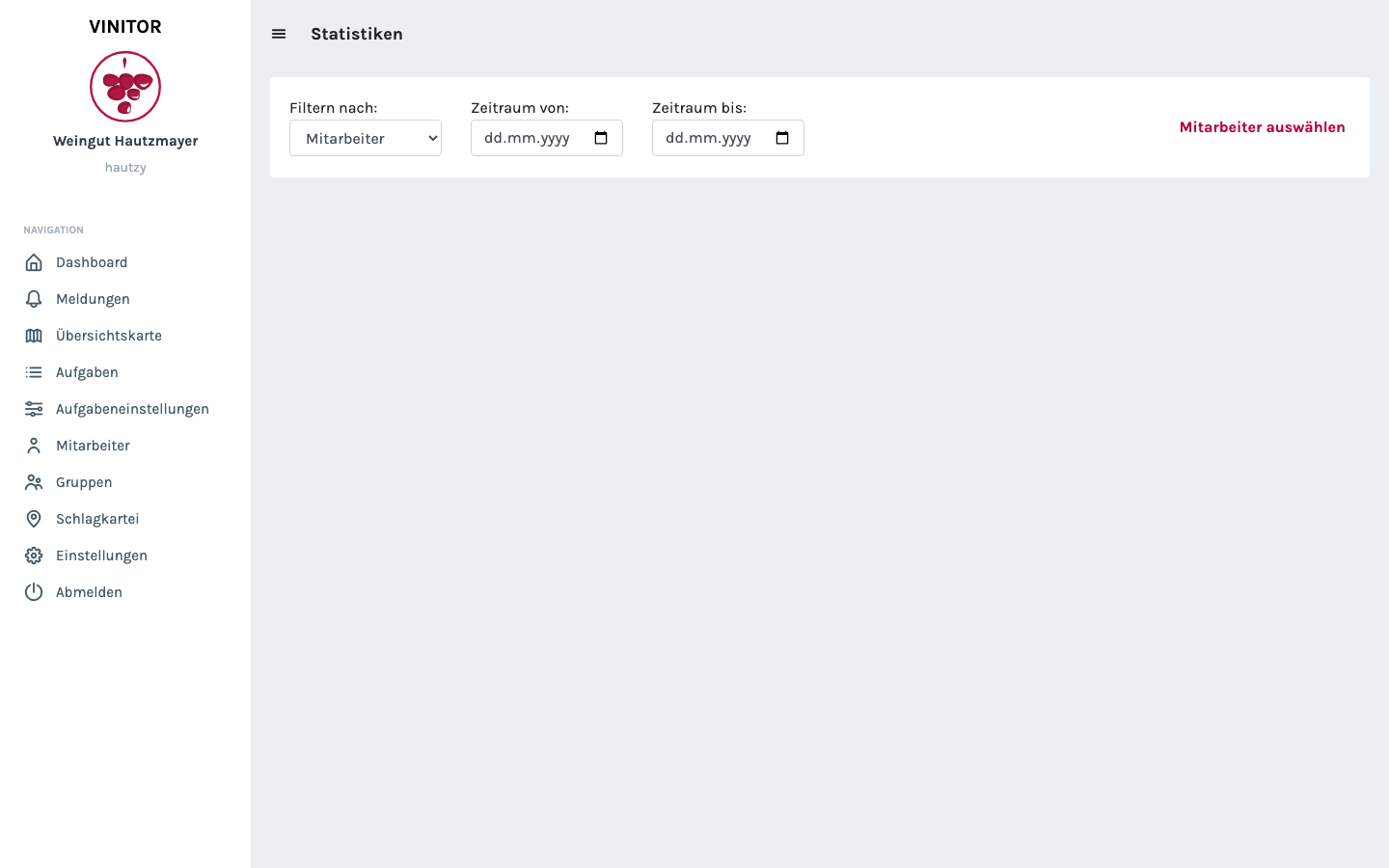 Statistikseite mit Auswahlfeldern für Filtern nach (Mitarbeiter), Zeitraum von und Zeitraum bis sowie einem Button Mitarbeiter auswählen.