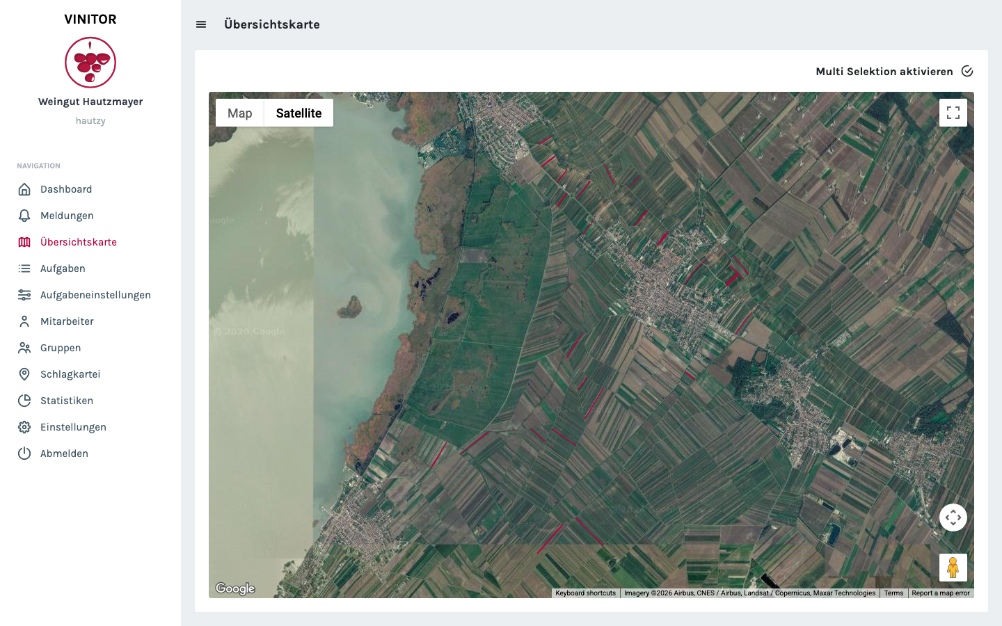 Übersichtskarte mit Satellitenansicht der Weingärten und einem Button Multi Selektion aktivieren rechts oben.