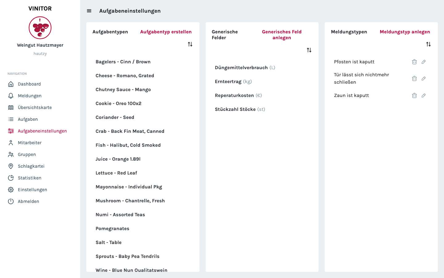 Aufgabeneinstellungen-Seite mit drei Spalten: Aufgabentypen, Generische Felder und Meldungstypen, jeweils mit Liste und Anlegen-Button.