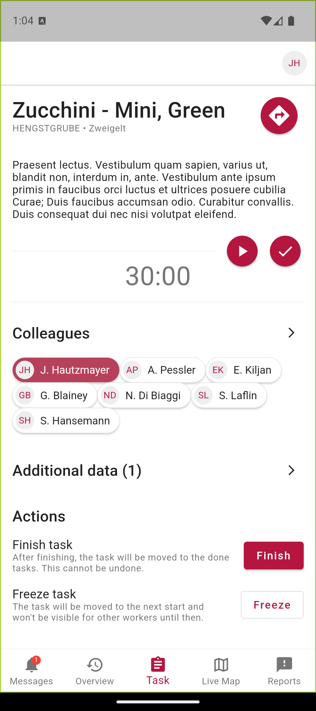 Aufgabendetailseite Zucchini - Mini, Green mit Timer 30:00, Start-Button, Liste der zugewiesenen Kollegen und Aktionen Finish/Freeze task.