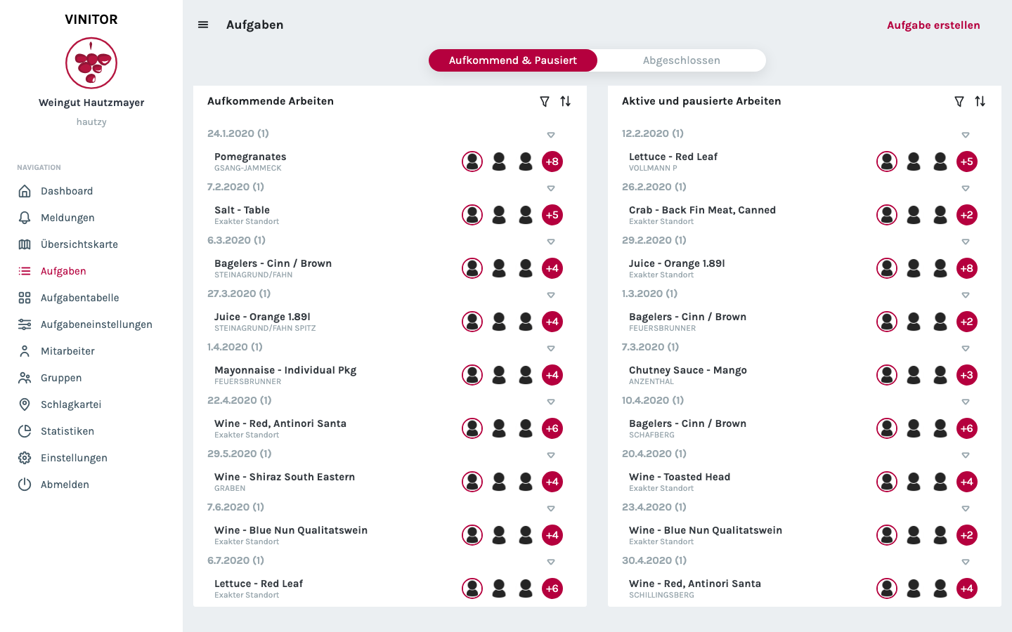 Aufgabenseite im Dashboard mit den Tabs „Aufkommend & Pausiert“ und „Abgeschlossen“; zwei Spalten zeigen aufkommende sowie aktive und pausierte Arbeiten, nach Datum gruppiert und mit zugewiesenen Mitarbeitern.