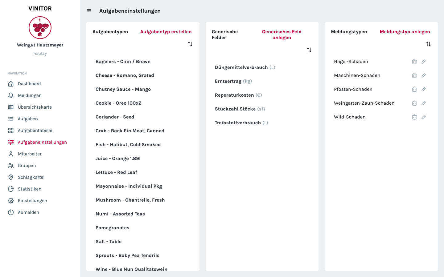 Aufgabeneinstellungen mit drei Spalten: Aufgabentypen, Generische Felder (Düngemittelverbrauch, Ernteertrag, Reparaturkosten, Stückzahl Stöcke, Treibstoffverbrauch) und Meldungstypen (Hagel-Schaden, Maschinen-Schaden, Pfosten-Schaden, Weingarten-Zaun-Schaden, Wild-Schaden).