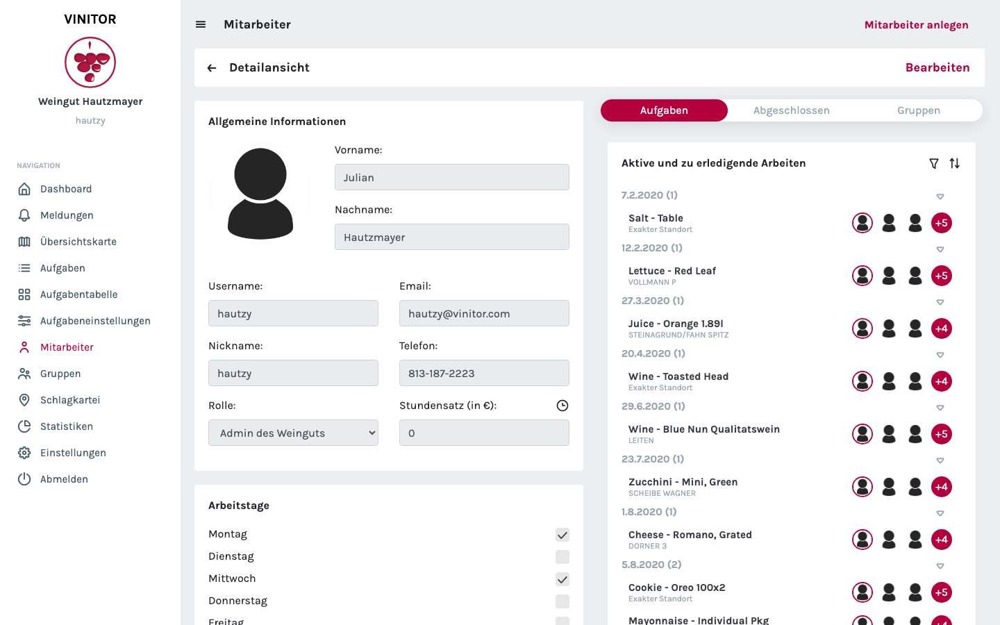 Mitarbeiter-Detailseite mit persönlichen Daten, Kontaktinformationen und einem Uhrsymbol zum Öffnen der Gehaltshistorie.