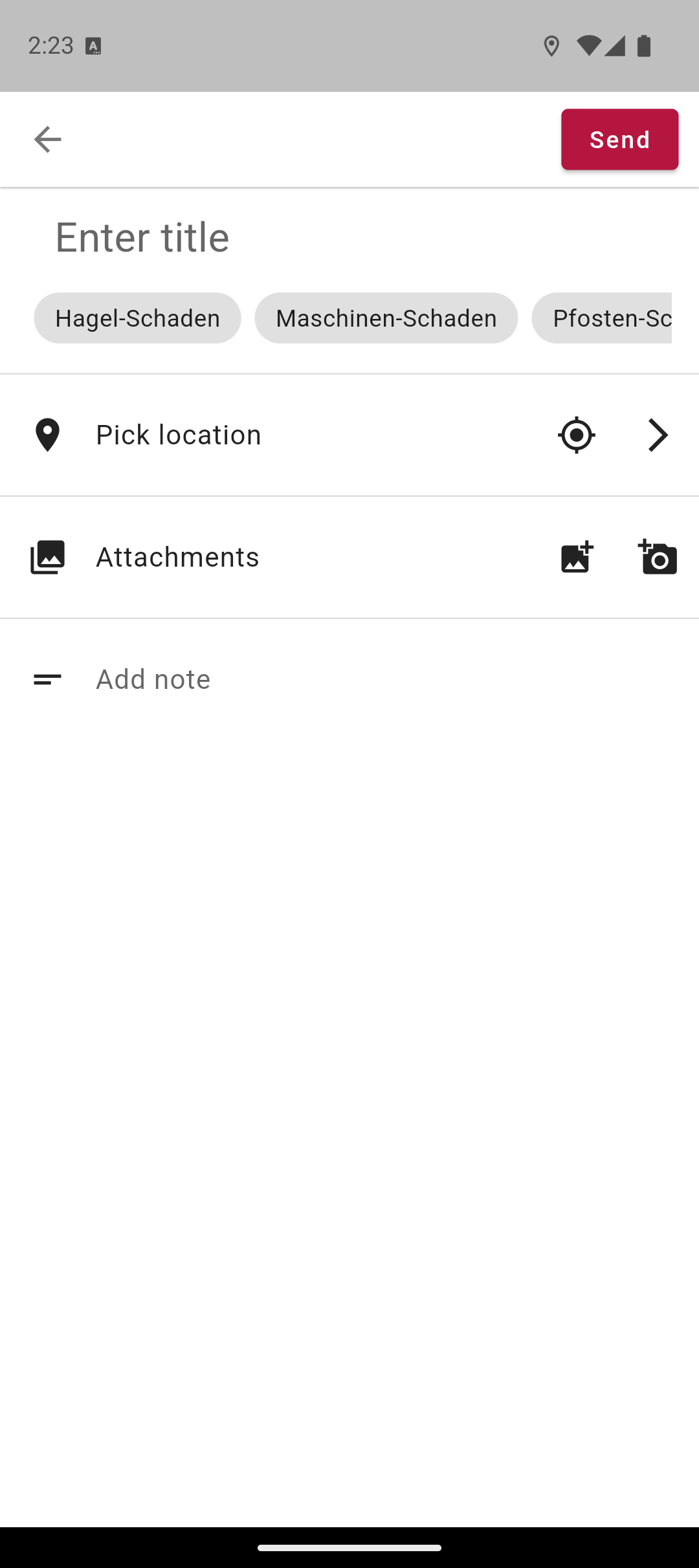 Selbe Meldungs-Ansicht nach Erteilen der Berechtigung — die Zeile „Pick location“ zeigt jetzt einen aktiven Standort-Button (Fadenkreuz-Symbol) statt des Warnsymbols.