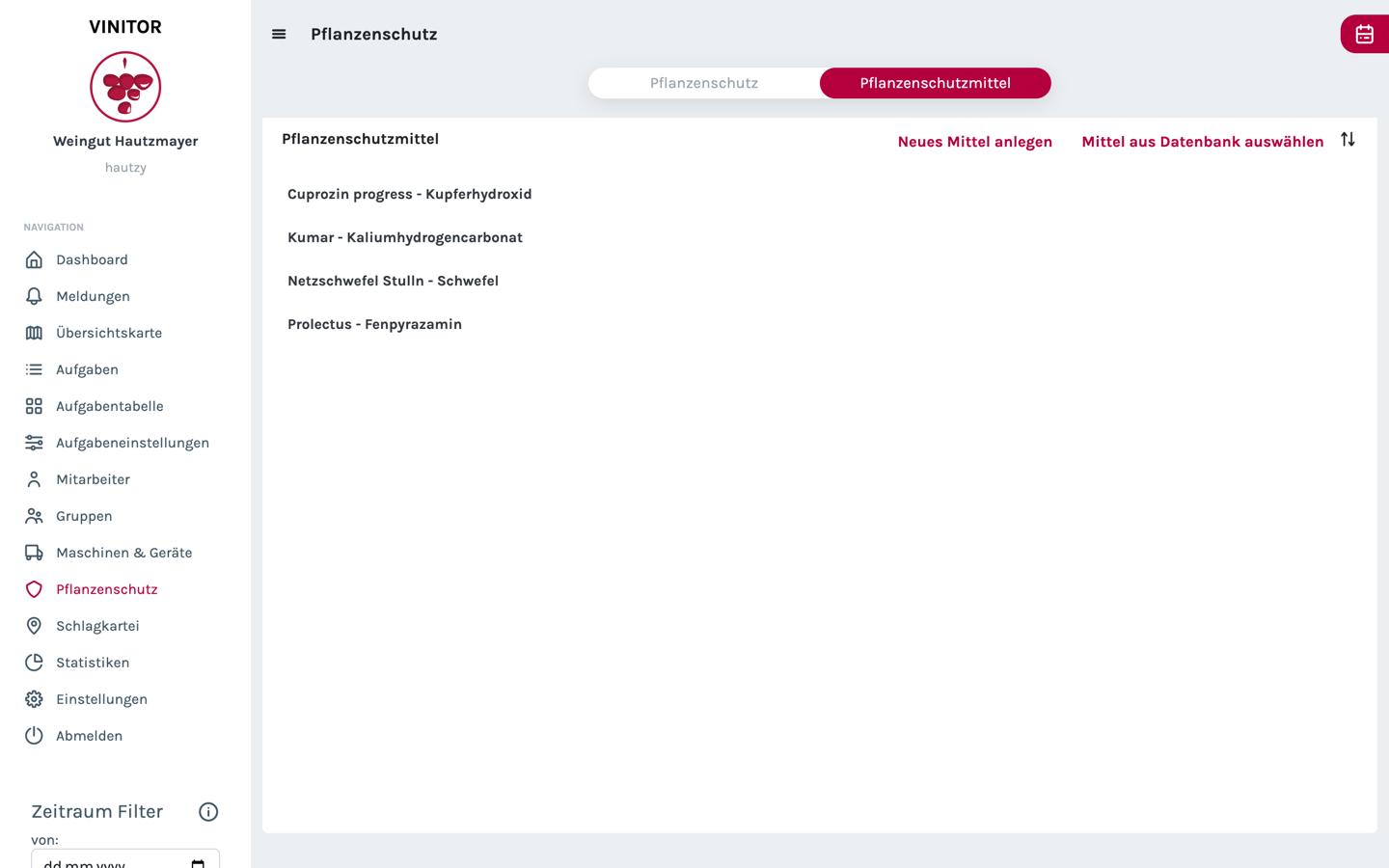 Die Pflanzenschutzmittel-Verwaltung mit Mitteln wie Cuprozin progress (Kupferhydroxid) und Prolectus (Fenpyrazamin), samt Optionen zum Anlegen und zur Übernahme aus der Datenbank.