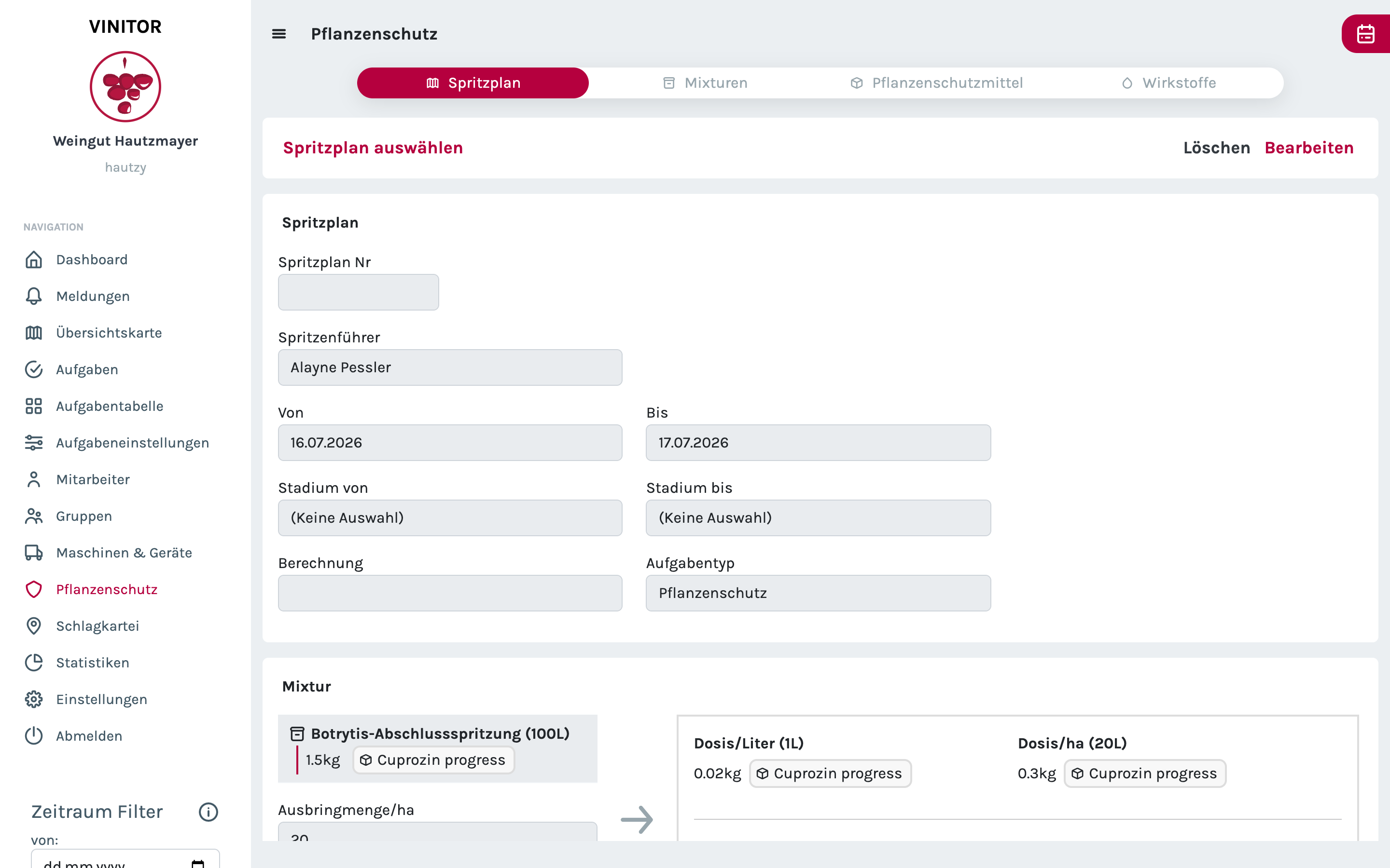 Spritzplan-Ansicht mit Plandaten und Mixtur-Karte, die Dosis pro Liter und Dosis pro Hektar für die gewählte Spritzbrühe berechnet