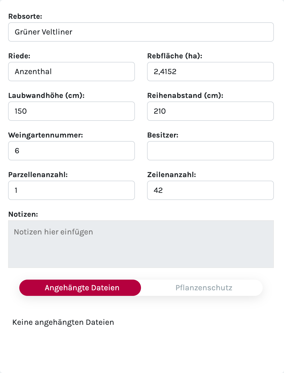 Weingartendetailseite mit den neuen Feldern Laubwandhöhe in Zentimetern und Reihenabstand in Zentimetern sowie Parzellen- und Zeilenanzahl
