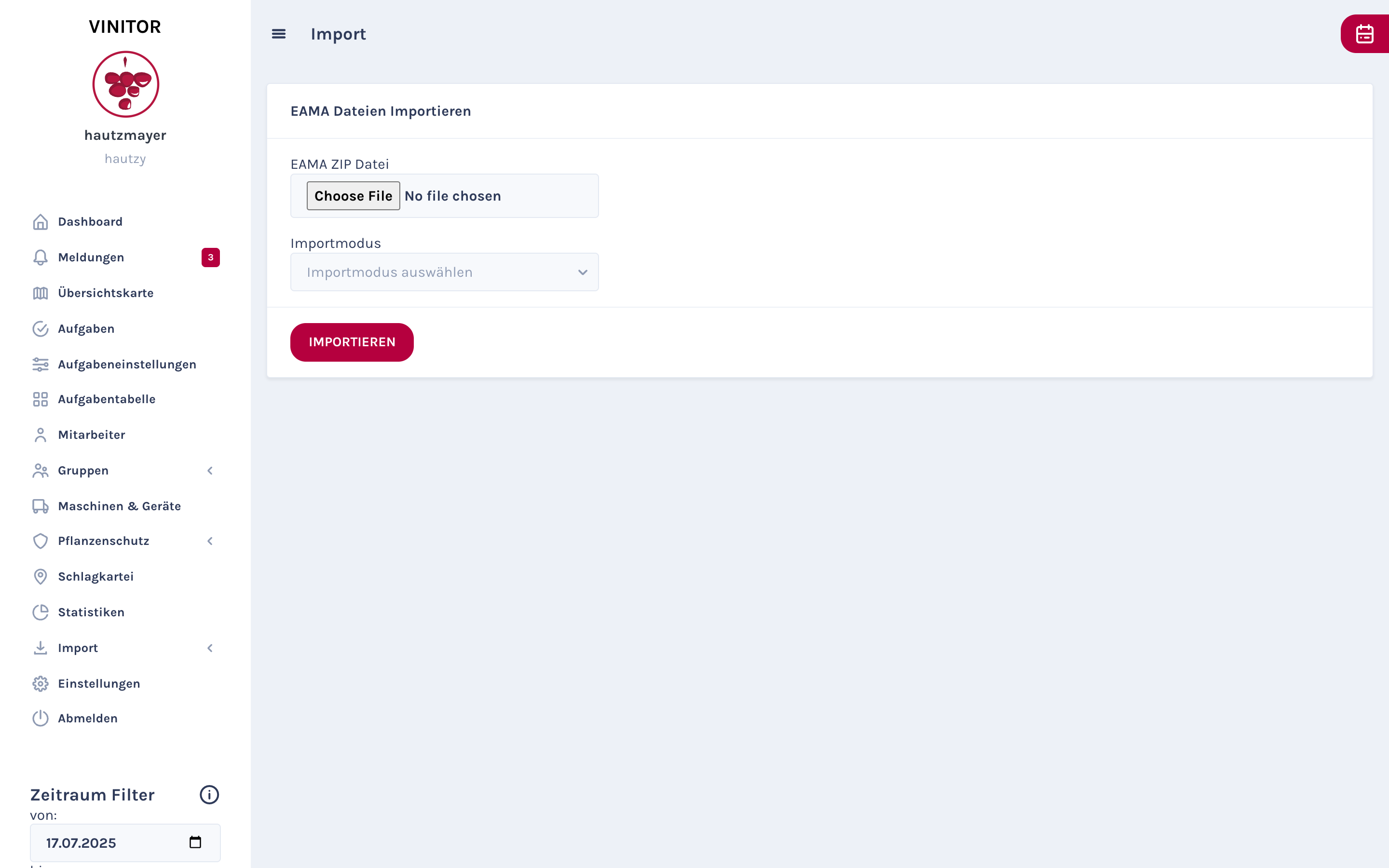 EAMA-Import-Seite im Dashboard mit Dateiauswahl für die EAMA-ZIP-Datei, Importmodus-Auswahl und Importieren-Button