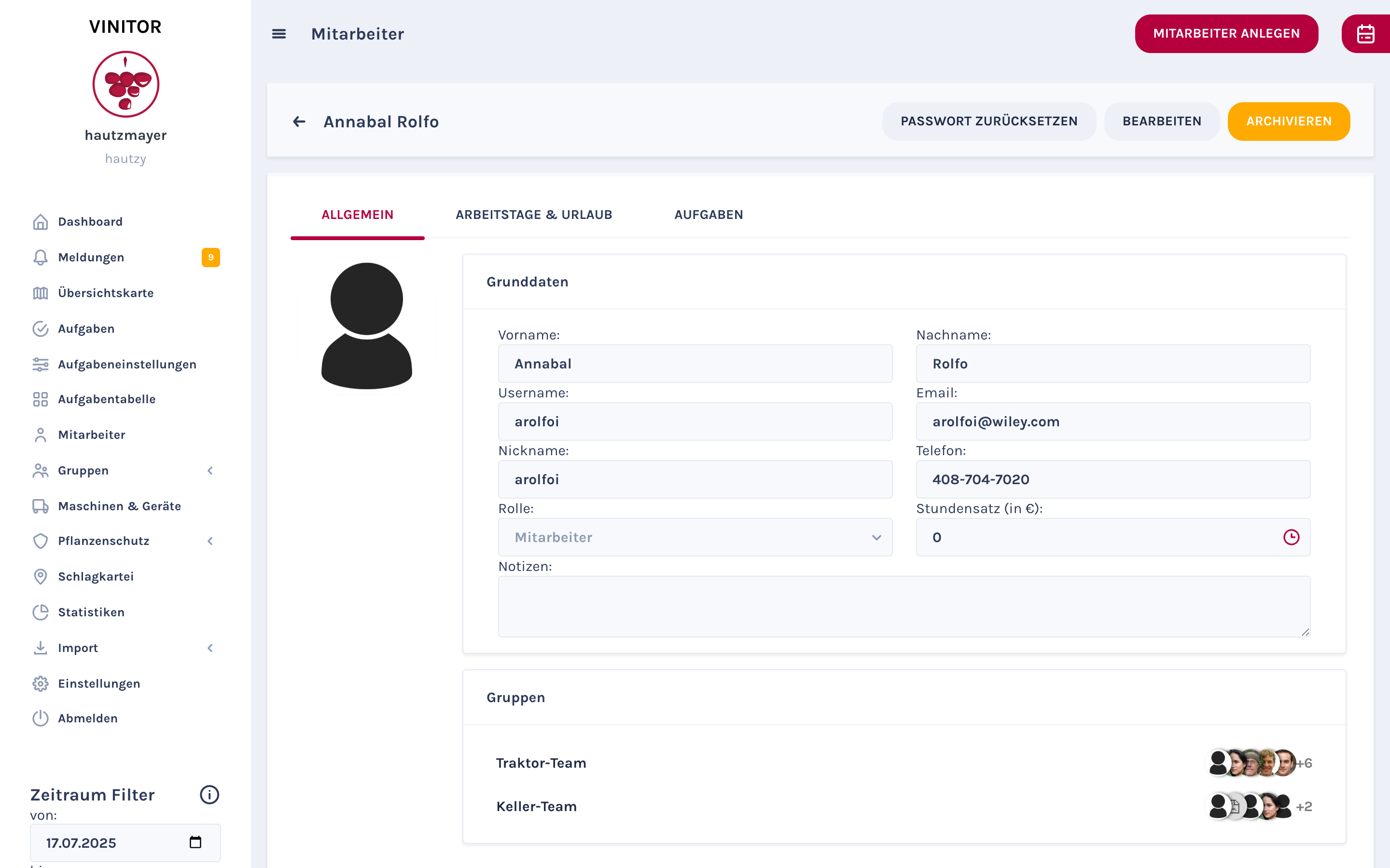 Mitarbeiter-Detailseite mit dem neuen Archivieren-Button neben Bearbeiten und Passwort zurücksetzen