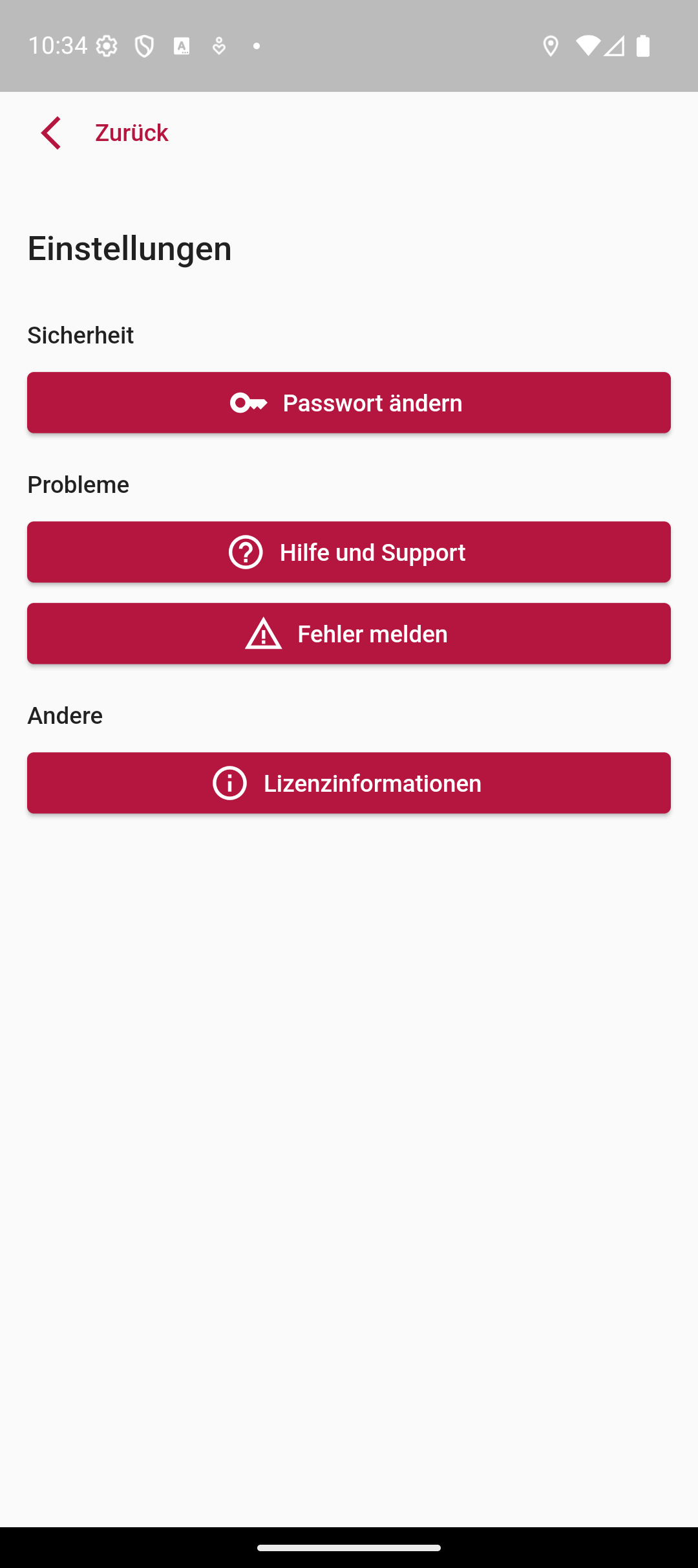 Die Einstellungsseite der mobilen App mit den Bereichen Sicherheit, Probleme (Hilfe und Support, Fehler melden) und Lizenzinformationen.