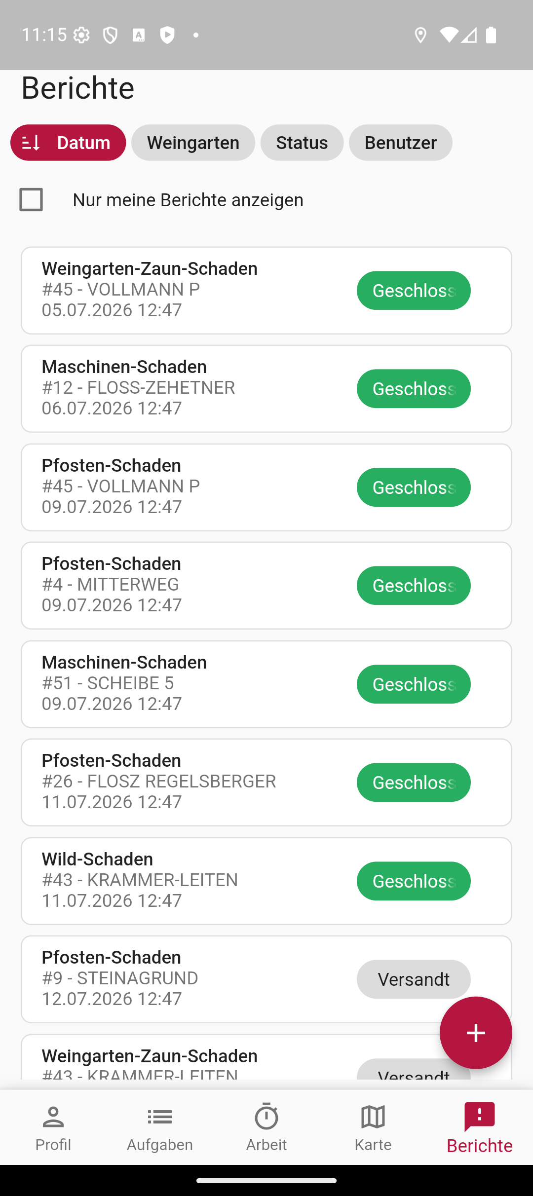 Die überarbeitete Berichte-Liste der mobilen App mit Schadensmeldungen, Weingarten-Zuordnung und farbigen Status-Chips.