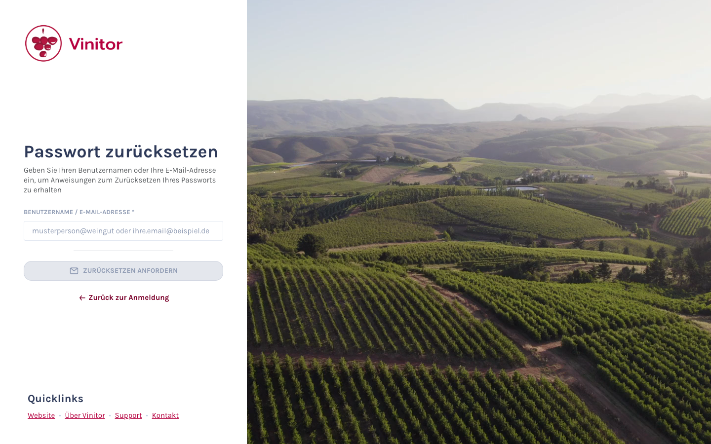 Die Passwort-zurücksetzen-Seite mit Eingabefeld für Benutzername oder E-Mail-Adresse.