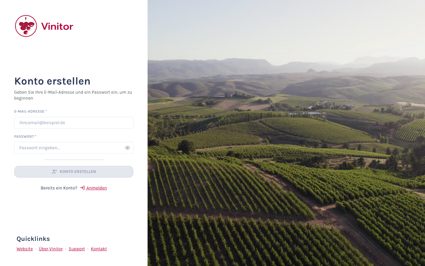 Die neue Registrierungsseite: Konto erstellen mit E-Mail-Adresse und Passwort.