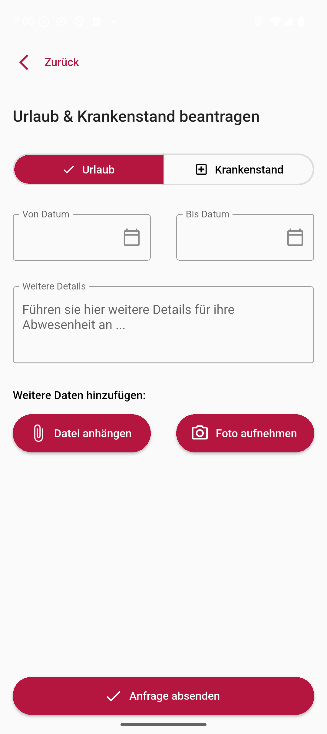 Das Urlaub-und-Krankenstand-Formular in der mobilen App mit Datumsfeldern, Details und Foto-Upload.