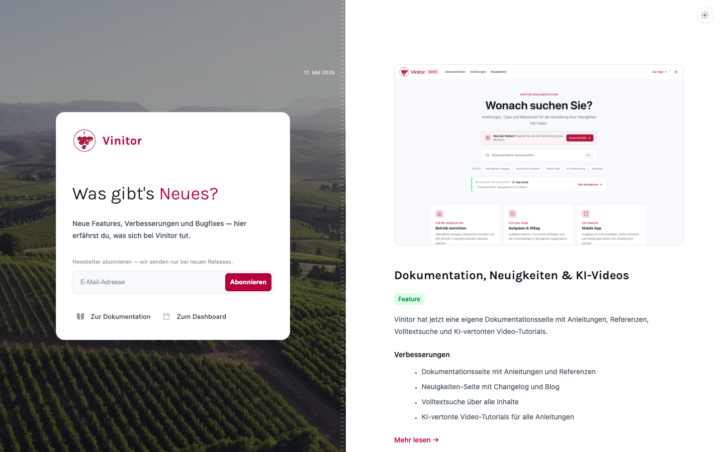 Neuigkeiten-Seite mit Zeitleiste und aktuellem Changelog-Eintrag