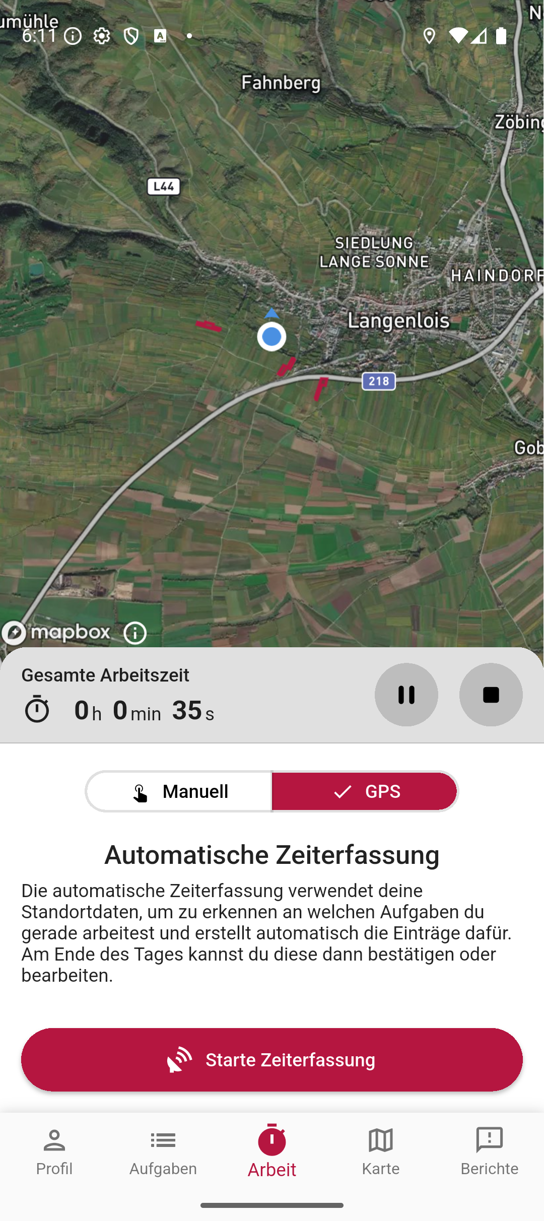 Der GPS-Modus mit Erklärung der automatischen Zeiterfassung und dem Start-Button.