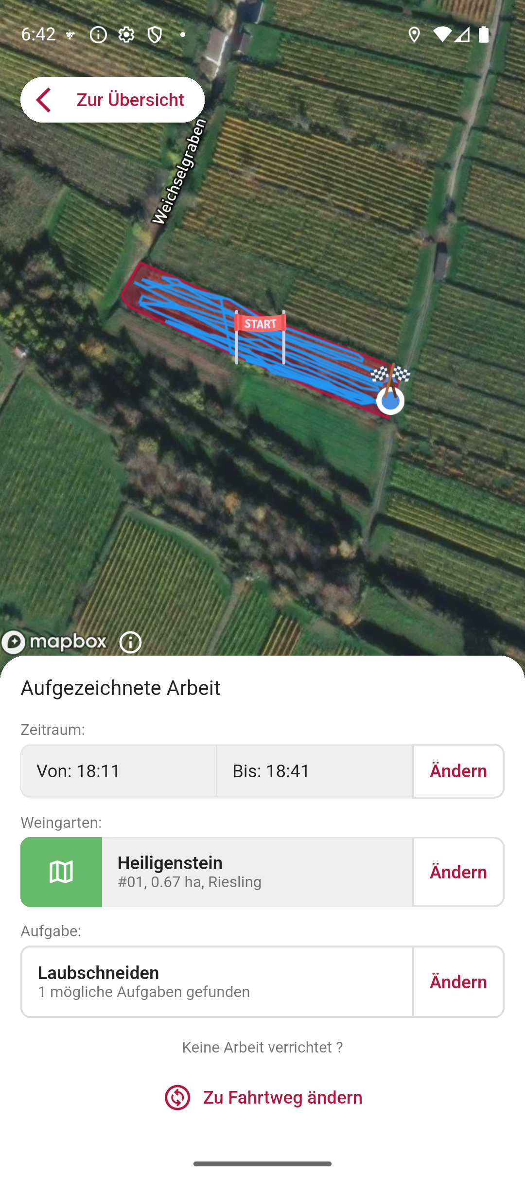 Die Segmentdetails mit Zeitraum, erkanntem Weingarten Heiligenstein und zugeordneter Aufgabe.