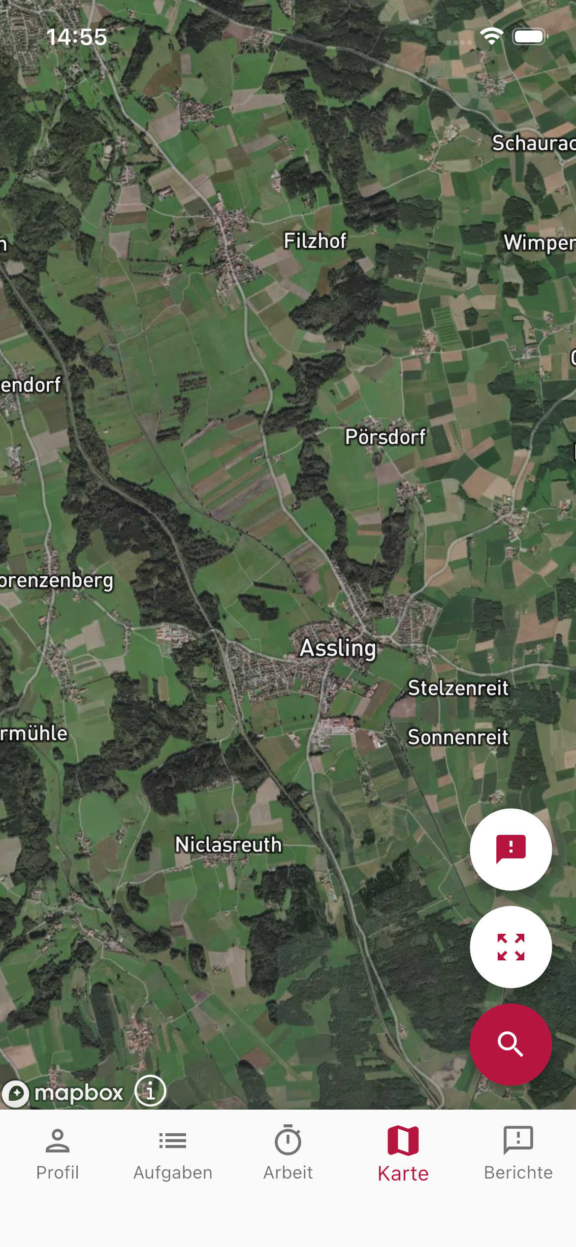 Die Kartenansicht in der mobilen App zeigt alle Weingärten auf einer Satellitenkarte.