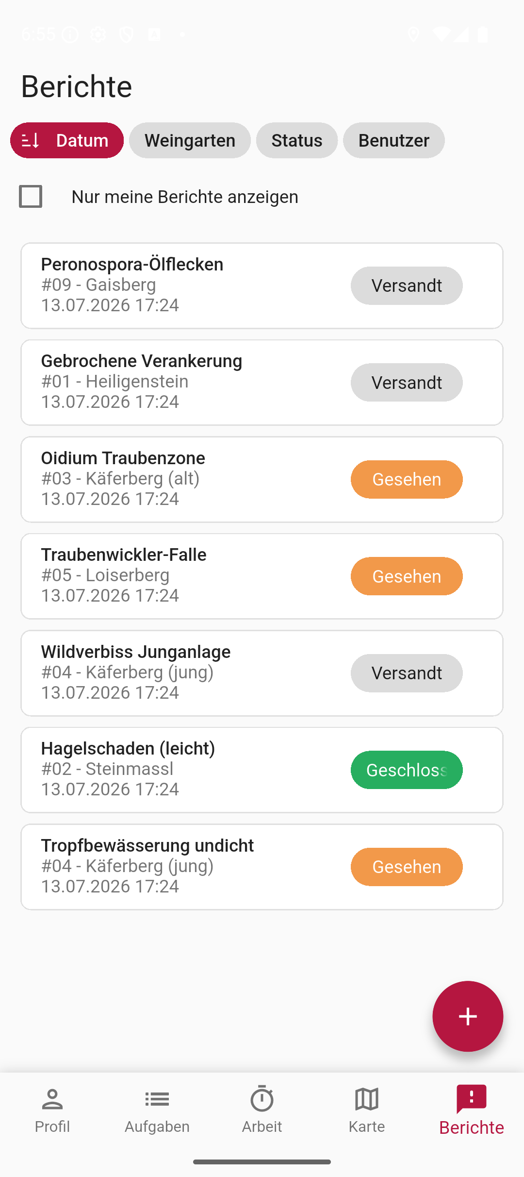 Die Meldungsliste zeigt alle Berichte mit Status, Weingarten und Datum.