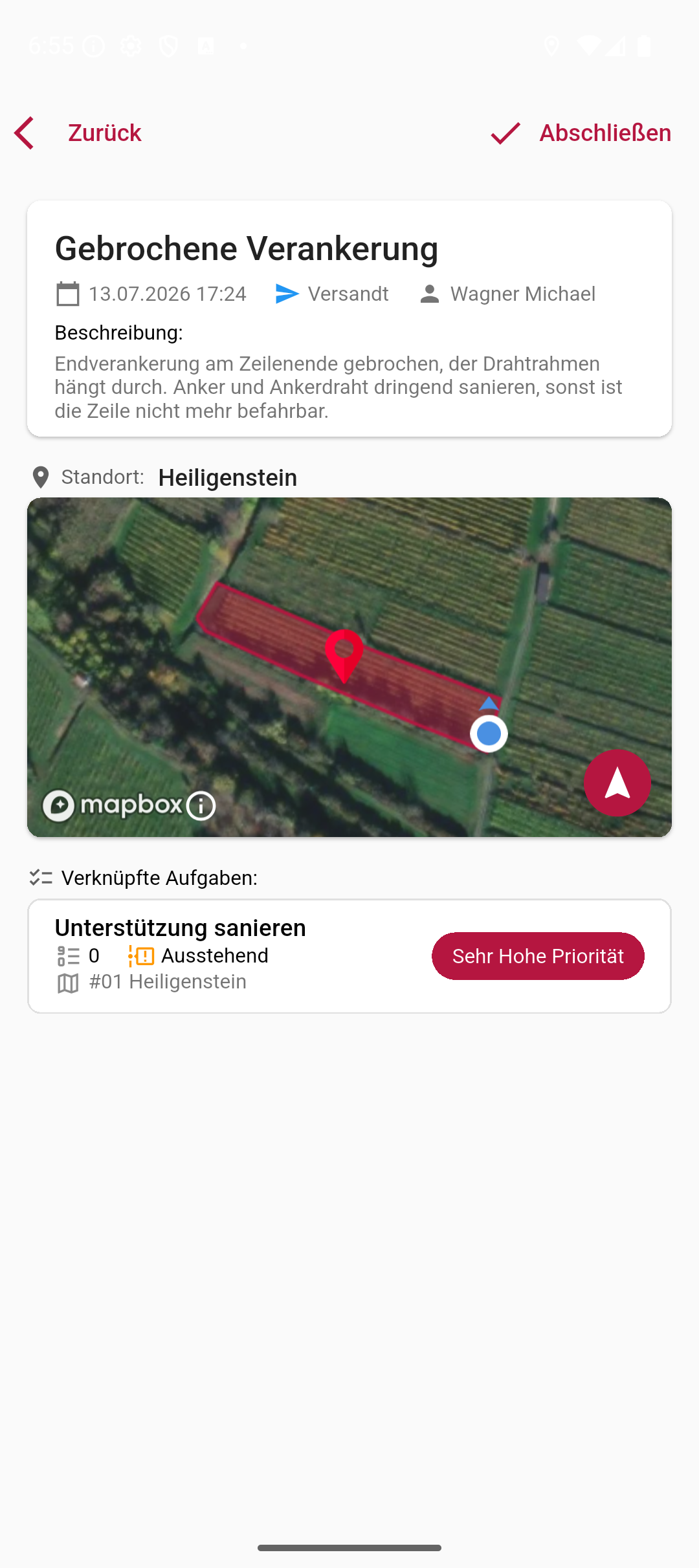 Die Meldungsdetails mit Beschreibung, GPS-Position auf dem Weingarten und verknüpfter Aufgabe.