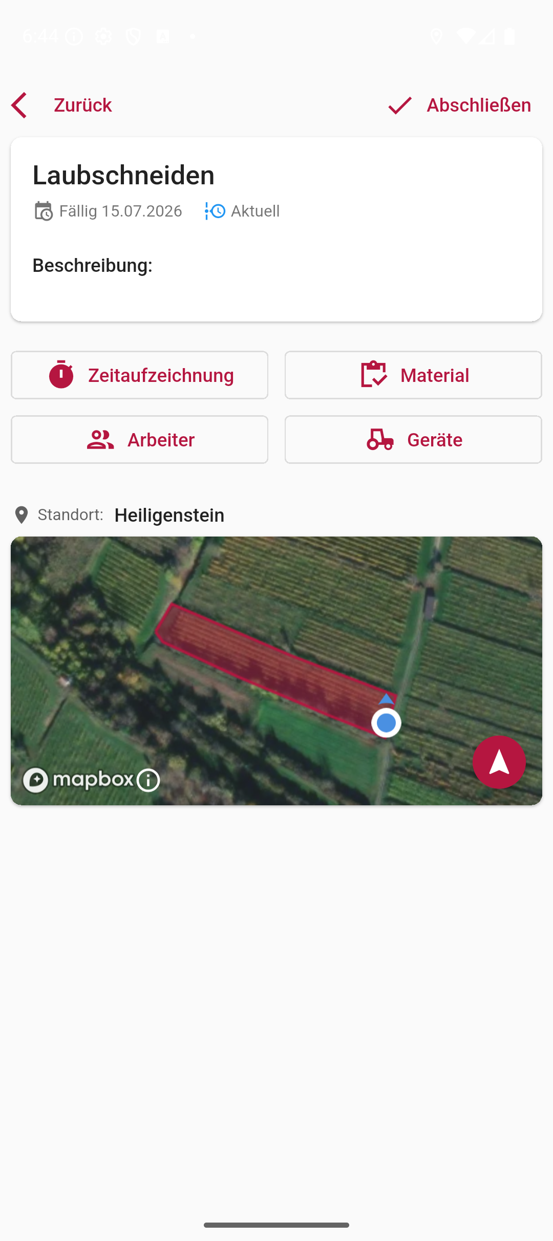 Die Aufgabendetails mit Fälligkeit, Zeitaufzeichnung, Material, Arbeitern, Geräten und dem Weingarten-Standort.