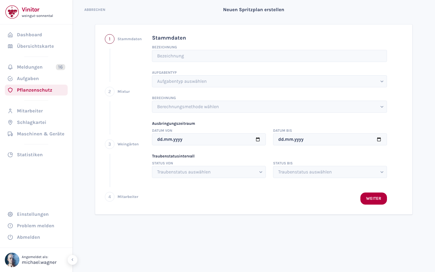 Der Spritzplan-Assistent mit den vier Schritten Stammdaten, Mixtur, Weingärten und Mitarbeiter.