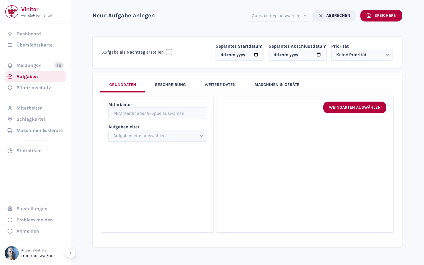 Das Erstellungsformular für neue Aufgaben mit Aufgabentyp, Datumsfeldern, Priorität und Tabs für Grunddaten, Beschreibung, Weitere Daten und Maschinen & Geräte.