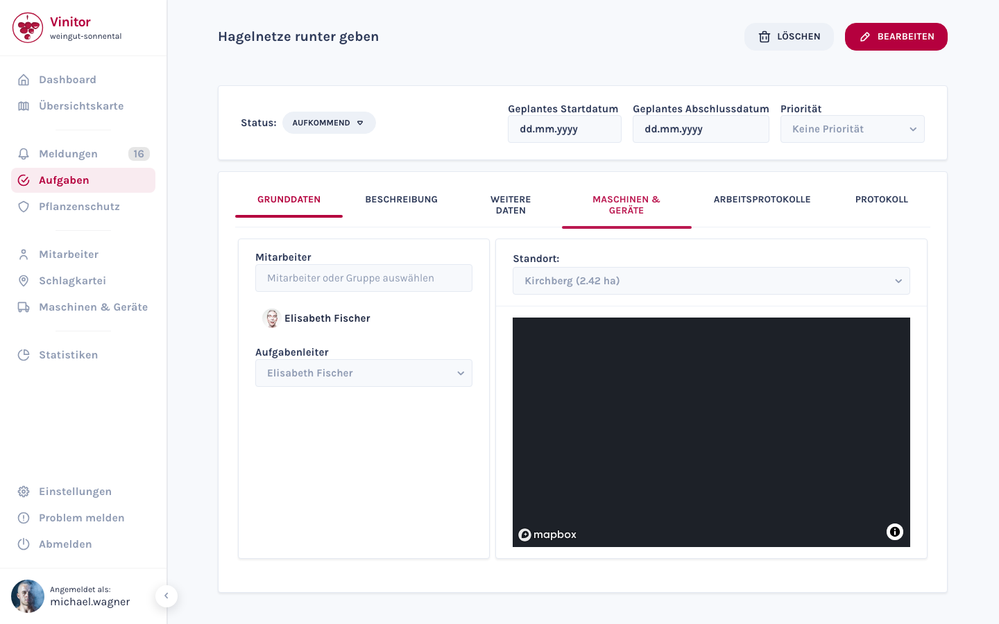 Die Detailansicht einer Aufgabe mit Status, Datumsfeldern, Mitarbeitern und Kartenansicht.