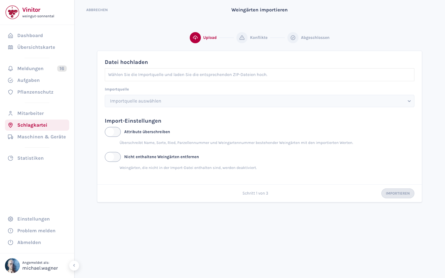 Der Import-Assistent mit Datei-Upload und Import-Einstellungen.