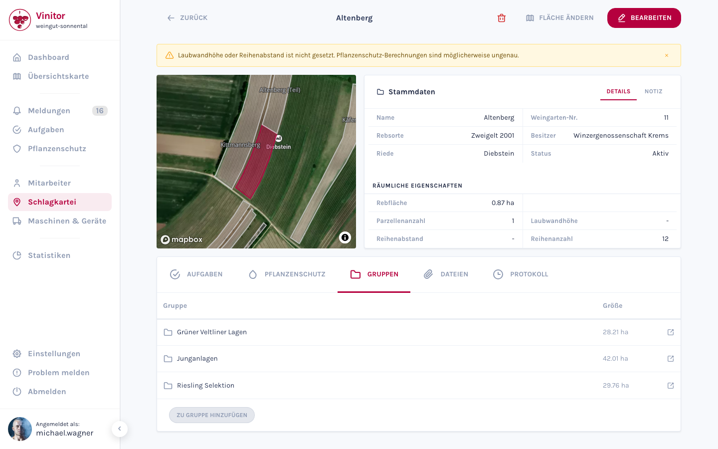 Der Gruppen-Tab zeigt alle Gruppen, denen der Weingarten zugeordnet ist, mit Gesamtfläche.