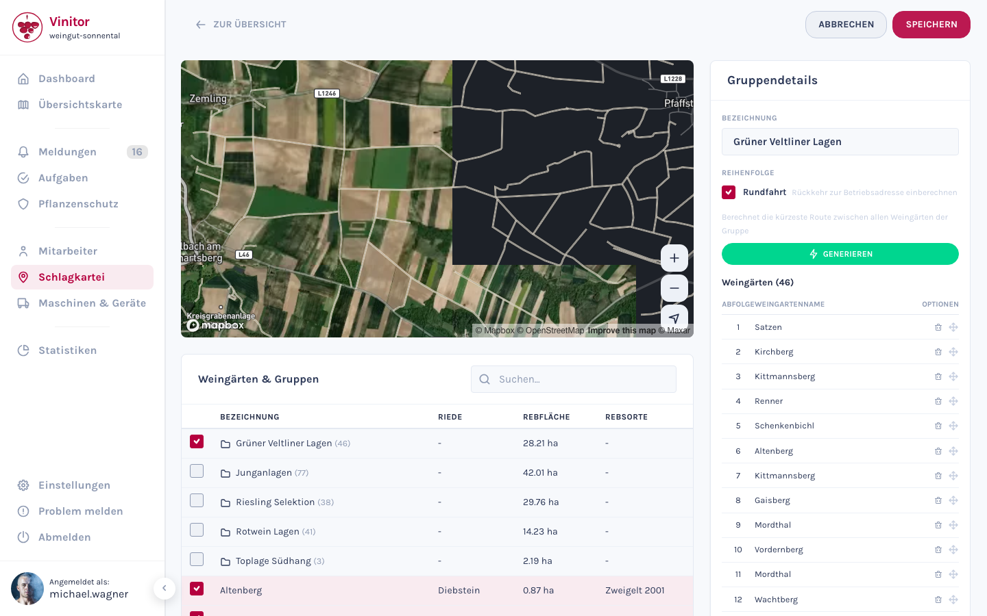 Die Bearbeitungsansicht einer Gruppe mit Kartenansicht, Weingarten-Auswahl und Routenoptimierung.